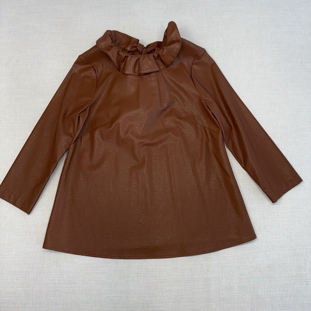 Tuckernuck Brown Coated Polyester Ruffle Neck Bow Back Blouse 3/4 Sleeve S - Picture 10 of 11